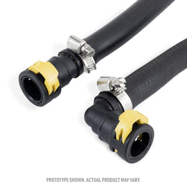 Mishimoto 2024+ Ford Mustang 2.3L EcoBoost oil catch can for PCV side, black aluminum with hoses attached.