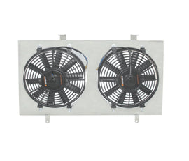 Mishimoto aluminum fan shroud kit for Nissan 240sx S13 SR20DET, featuring black aluminum construction and mounting hardware.