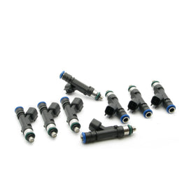 DeatschWerks LS1/LS6 Series fuel injector set for 85-04 Mustang 4.6L & 5.0L V8, 42lb injectors, showing eight injectors with wiring