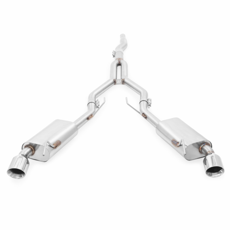 Mishimoto stainless steel cat-back exhaust system for 2015-2016 Ford Mustang 2.3L EcoBoost, shown installed on vehicle.