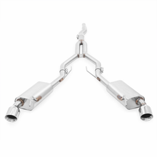Load image into Gallery viewer, Mishimoto stainless steel cat-back exhaust system for 2015-2016 Ford Mustang 2.3L EcoBoost, shown installed on vehicle.