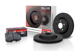 Hawk Performance Talon brake rotors with slot and drilled design for enhanced braking performance and heat dissipation.