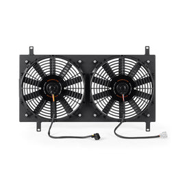 Mishimoto black aluminum fan shroud kit for 1990-1997 Mazda Miata, designed to improve cooling and engine performance.
