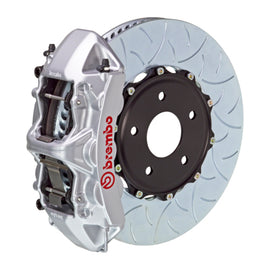 Brembo 20+ Corvette C8 front GT BBK 6-piston cast slotted 350x34mm two-piece rotor in silver for high-performance braking.