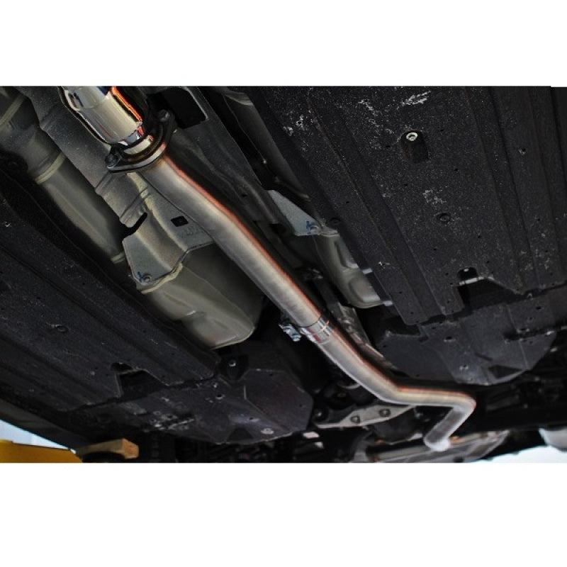 Mishimoto 2015 Subaru WRX stainless steel 3-inch cat-back exhaust system installed, showing sleek pipes and muffler details.