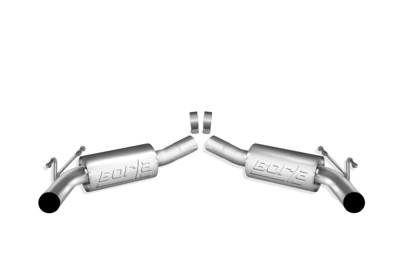 Borla 2010 Camaro 6.2L ATAK catback exhaust system rear view, compatible with factory ground effects, no tips visible.