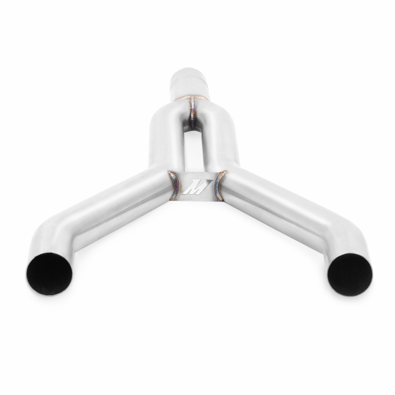 Mishimoto stainless steel cat-back exhaust system for 2015-2016 Ford Mustang 2.3L EcoBoost, shown installed and visible from the rear.