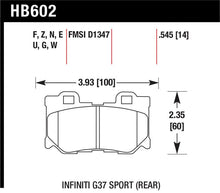 Load image into Gallery viewer, Hawk Performance racing rear brake pads for Infiniti FX50, G37, and Nissan 370Z, model DTC-60 with high-performance friction material.