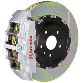 Brembo Corvette C8 front GT BBK 6-piston cast slotted 380x34mm two-piece rotor in silver for high-performance braking.