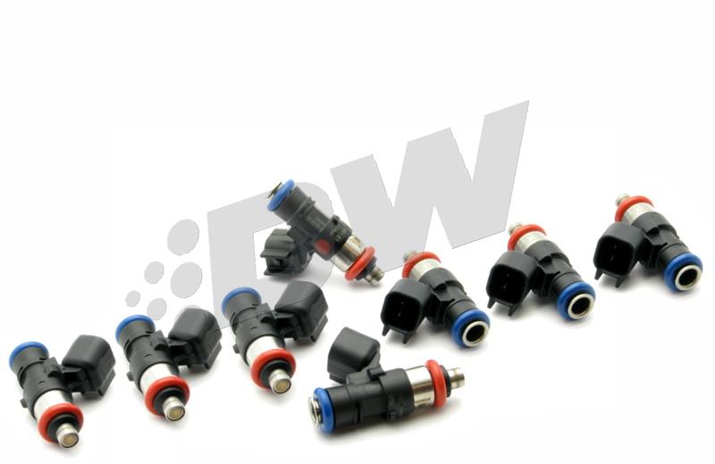 DeatschWerks Bosch EV14 40mm compact 90lb/hr fuel injector set for 8-cylinder engines, featuring silver metal bodies and electrical connectors.