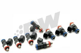 DeatschWerks Bosch EV14 40mm compact 90lb/hr fuel injector set for 8-cylinder engines, featuring silver metal bodies and electrical connectors.