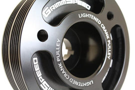 Black GrimmSpeed lightweight crank pulley for Subaru, underdrive design, made of durable material, with a sleek finish.
