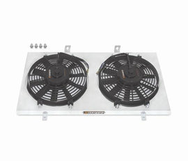 Mishimoto aluminum fan shroud kit for 1995-1998 Nissan 240SX with KA engine, shown installed with cooling fans.