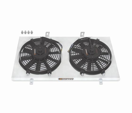 Mishimoto aluminum fan shroud kit for 1994-1996 Ford Mustang, designed for improved cooling, shown with the shroud and fan assembly.