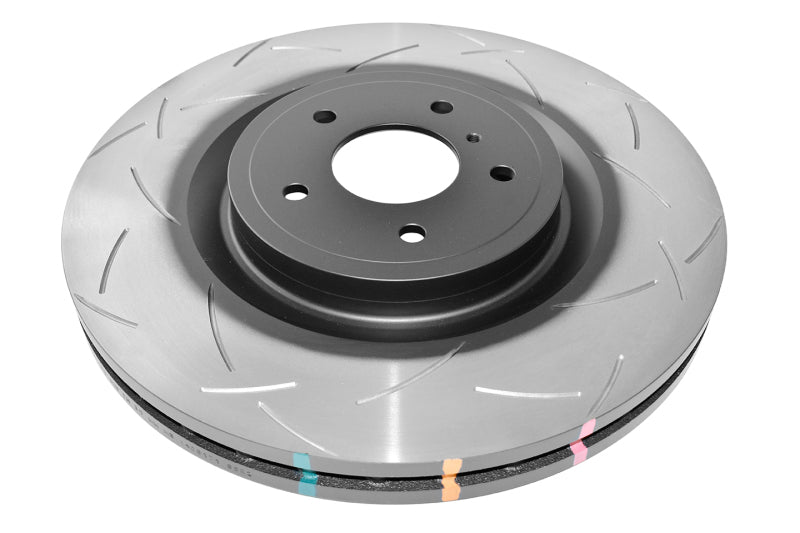 DBA 09+ Nissan 370Z and Infiniti G37 Sport front slotted 4000 Series brake rotor with detailed slotted surface for improved braking performance.