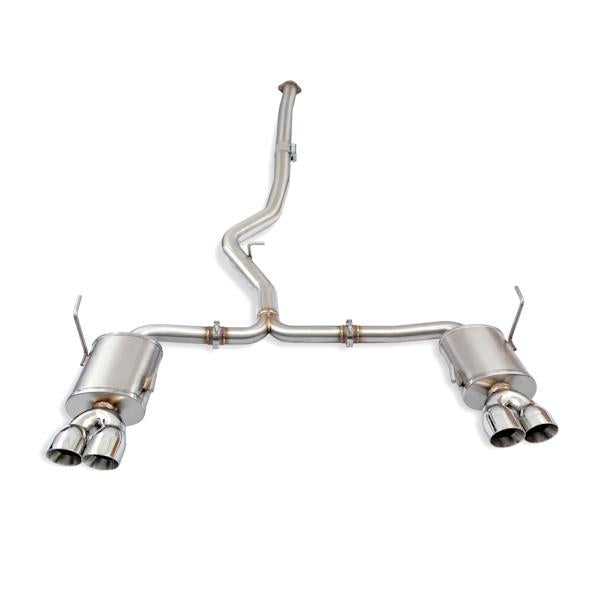 Mishimoto 3-inch stainless steel cat-back exhaust system installed on a 2015 Subaru WRX, showing the polished muffler and piping.