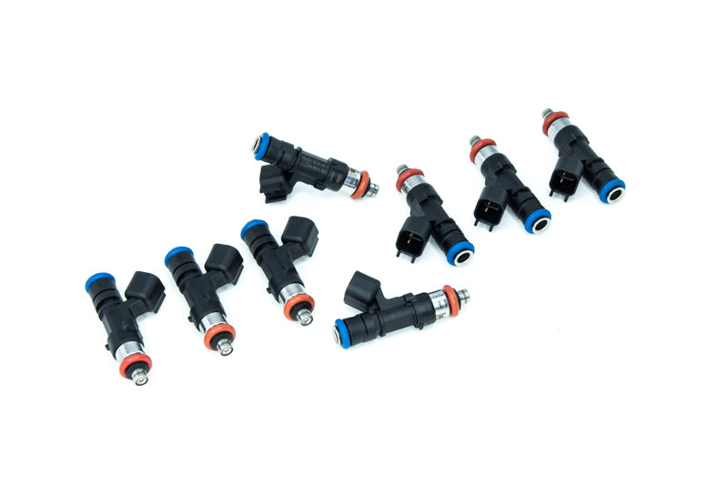 Set of 8 DeatschWerks LS2/05-06 6.0L V8 Cadillac CTS-V fuel injectors for 8-cylinder engines.
