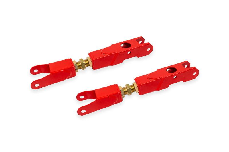 Red BMR Suspension adjustable rear lower control arm for 6th gen Chevrolet Camaro, part of the BMR suspension control arms series.