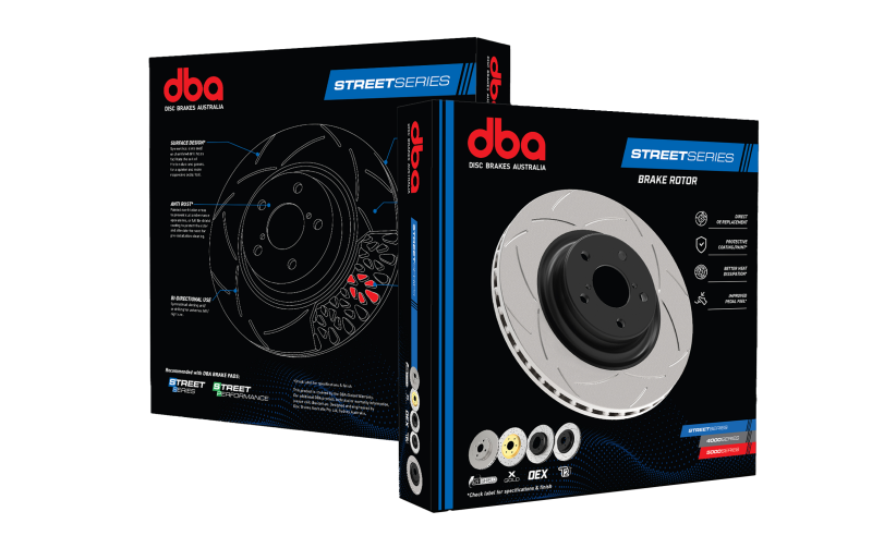 DBA rear slotted street series brake rotor for Subaru WRX STI 2015-2021 and BRZ 2011-2021 with performance package installed