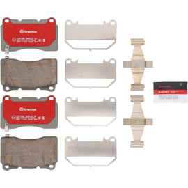 Brembo OE ceramic brake pads for 2015+ Chevrolet Camaro and Corvette C7, front and rear installation, with detailed brake pad imagery.