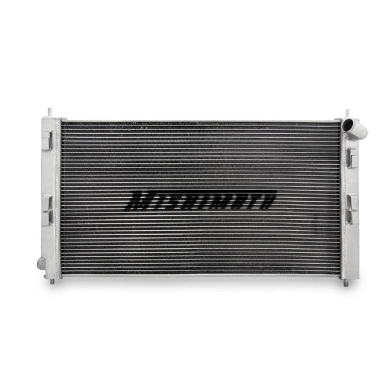 Mishimoto aluminum radiator for 2008+ Mitsubishi Lancer Evo X and Ralliart, featuring a sleek silver design and multiple cooling fins.