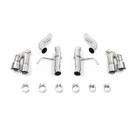 Mishimoto 2016+ Chevrolet Camaro 2.0T quad-tip race axle-back exhaust with polished tips, showcasing the sleek, chrome finish and exhaust tips.