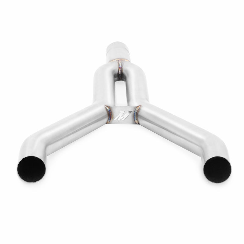 Mishimoto stainless steel cat-back exhaust system for 2015-2016 Ford Mustang 2.3L EcoBoost, showing the polished pipes and muffler.