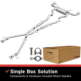 Magnaflow catback exhaust kit for Nissan 370Z 09-20 with 3.7L engine, showing polished exhaust pipes and muffler.