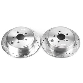 Pair of PowerStop 13-16 Subaru BRZ rear drilled and slotted brake rotors, high-performance automotive brake components.