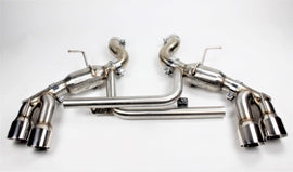 Mishimoto 2016+ Chevrolet Camaro SS quad-tip axle-back exhaust with polished tips, showcasing the sleek stainless steel design.