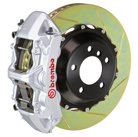 Brembo Corvette C8 front GT BBK brake kit with 6-piston cast slotted 380x32mm rotors in silver, performance high-performance brake system