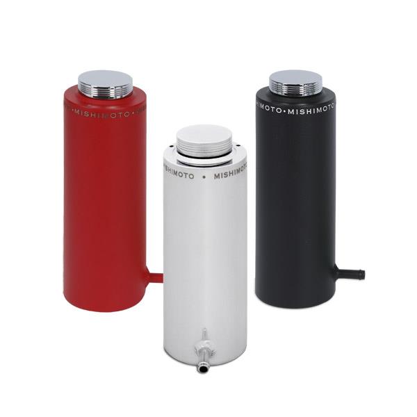 Mishimoto polished aluminum coolant overflow tank for 08+ Subaru WRX and STI, mounted in engine bay with hoses attached.