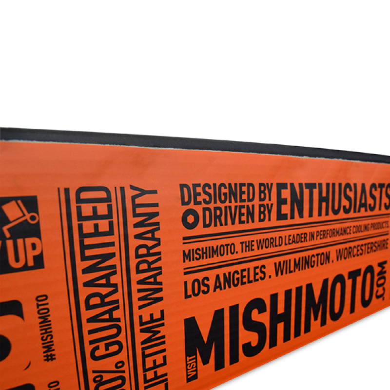 Mishimoto aluminum radiator for 2001-2007 Subaru WRX and STi, showing the sleek, lightweight design with cooling fins and inlet/outlet ports.