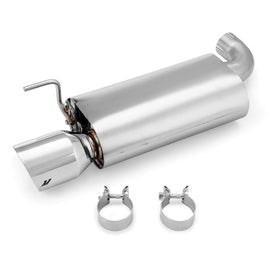 Mishimoto Ford Mustang 2015+ axle back exhaust with polished tips, showcasing sleek metal finish and dual exhaust outlets.