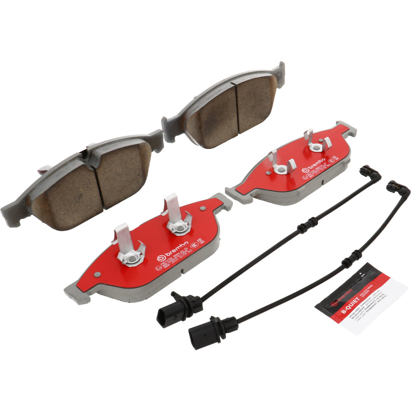 Brembo OE ceramic front brake pads for Audi A6 C7 and A8 D4 models, showing the brake pad with detailed friction surface.