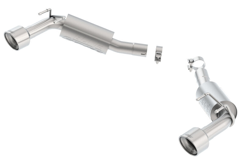Rear section of Borla catback exhaust system for 2010 Camaro 6.2L V8 S-type with polished stainless steel pipes.