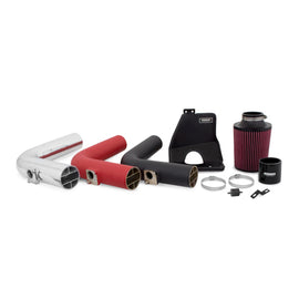 Mishimoto cold air intake kit for 08+ Subaru WRX/STi in wrinkle black, featuring air filters, piping, and mounting hardware.