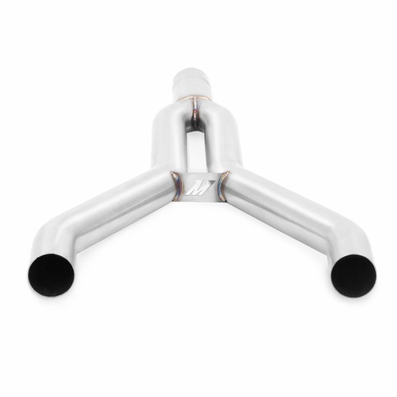 Mishimoto stainless steel cat-back exhaust for 2015-2016 Ford Mustang 2.3L EcoBoost, showing the polished pipes and muffler.