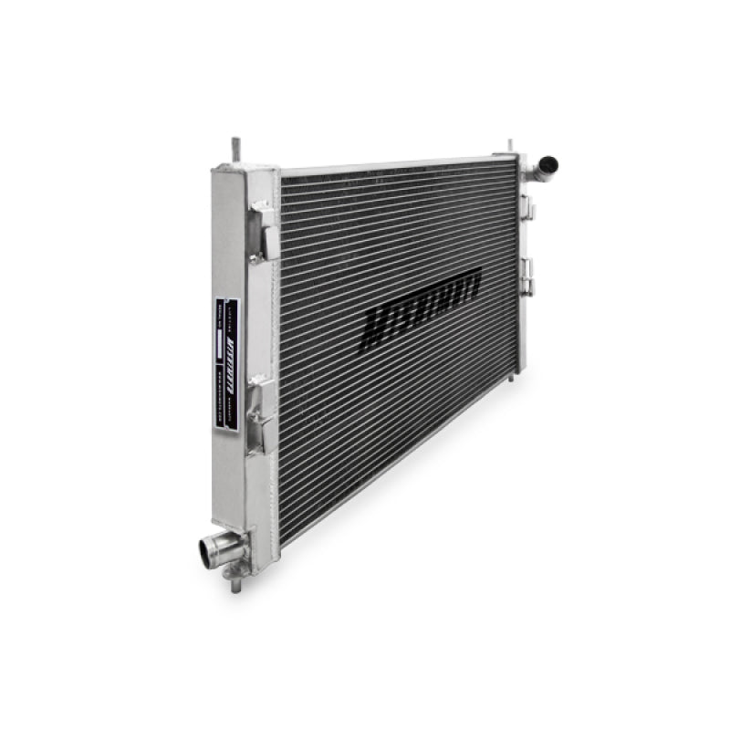Mishimoto aluminum radiator for 2008+ Mitsubishi Lancer Evo X and Ralliart, with cooling fins and mounting brackets visible.