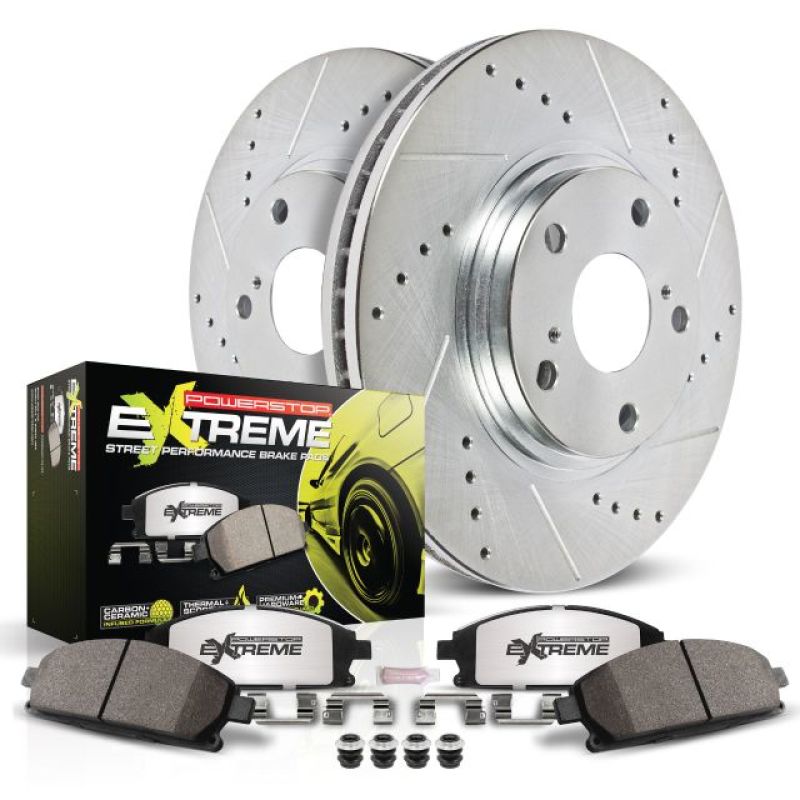 PowerStop Z26 Street Warrior brake kit for Cadillac XLR front brakes, including performance brake rotors and calipers.