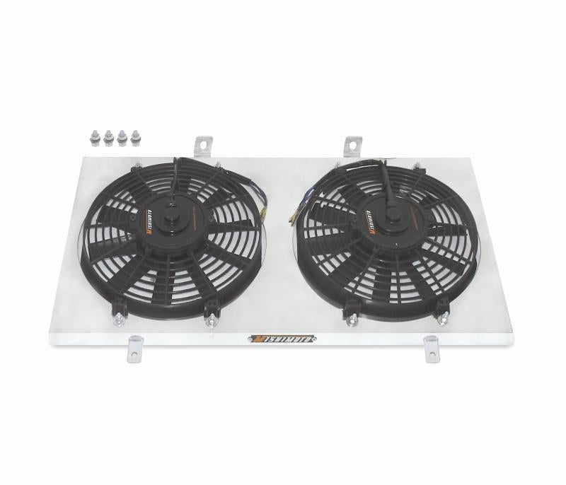Mishimoto aluminum fan shroud kit for 1990-1997 Toyota MR2, featuring metal construction and mounting hardware for improved cooling.