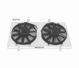 Mishimoto aluminum fan shroud kit for 1990-1997 Toyota MR2, featuring metal construction and mounting hardware for improved cooling.