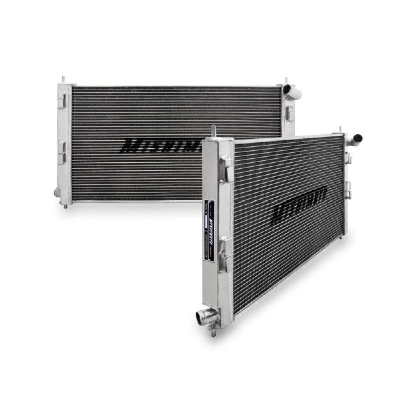 Mishimoto aluminum radiator for 2008+ Mitsubishi Lancer Evo X and Ralliart, showing the sleek, lightweight design and cooling fins.