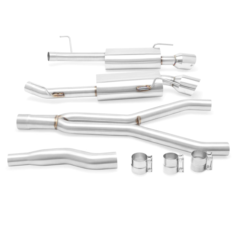 Mishimoto stainless steel cat-back exhaust system for 2015-2016 Ford Mustang 2.3L EcoBoost, shown installed on vehicle.