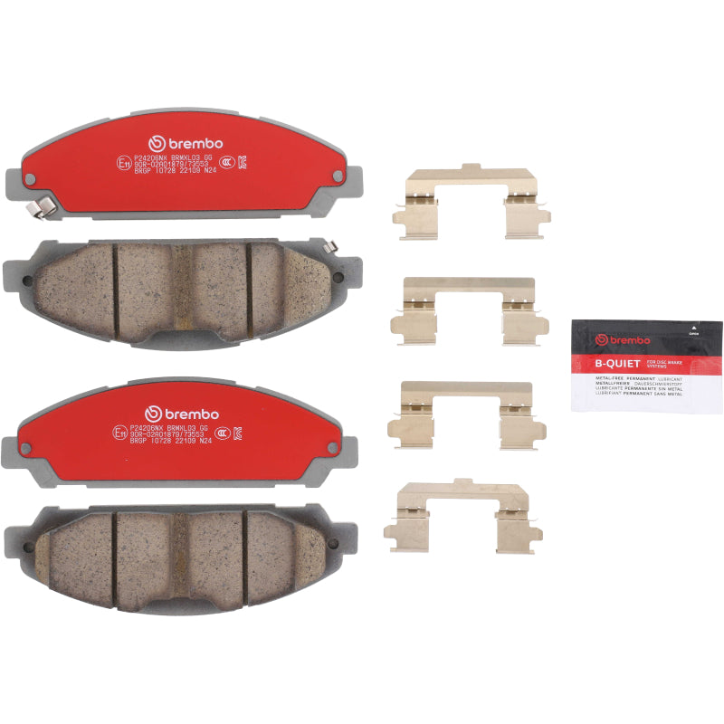 Brembo OE ceramic brake pads for Ford Mustang 2014-2023, front or rear, shown installed on the vehicle with detailed brake components.
