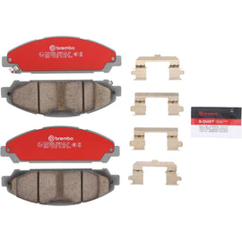 Brembo OE ceramic brake pads for Ford Mustang 2014-2023, front or rear, shown installed on the vehicle with detailed brake components.