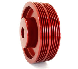 GrimmSpeed Subaru red lightweight crank pulley for underdrive performance, made of durable aluminum, detailed close-up image.