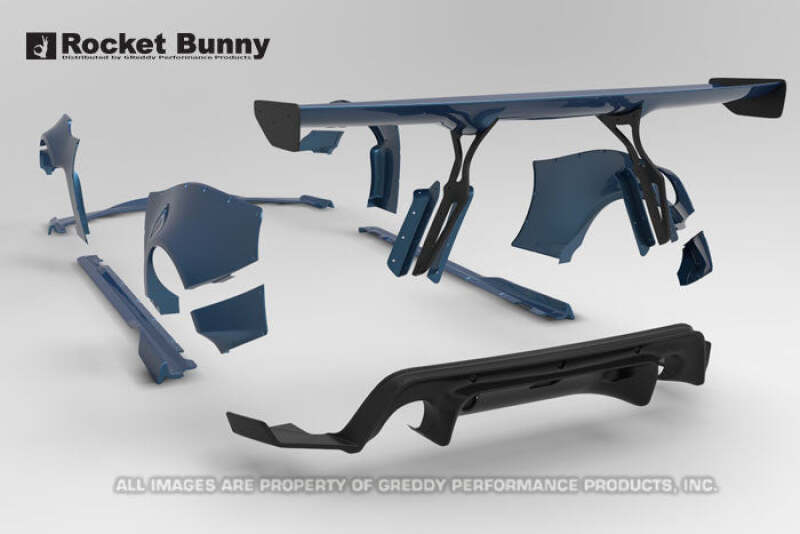 GReddy 13+ Scion FR-S wide body aero kit with Rocket Bunny styling, featuring front and rear fenders, side skirts, and bumper.