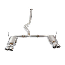 Load image into Gallery viewer, Mishimoto 2015 Subaru WRX stainless steel 3-inch cat-back exhaust system installed on the vehicle, showcasing the polished exhaust pipes.