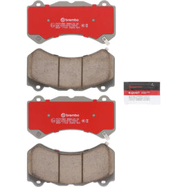 Brembo OE ceramic brake pads for Chevrolet Corvette C7 and Camaro, front and rear, showing the brake pad design and branding.